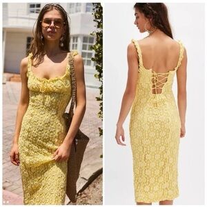 NWOT Free People Lucinda Lace Midi Dress Sunshine Yellow Combo Floral Size L